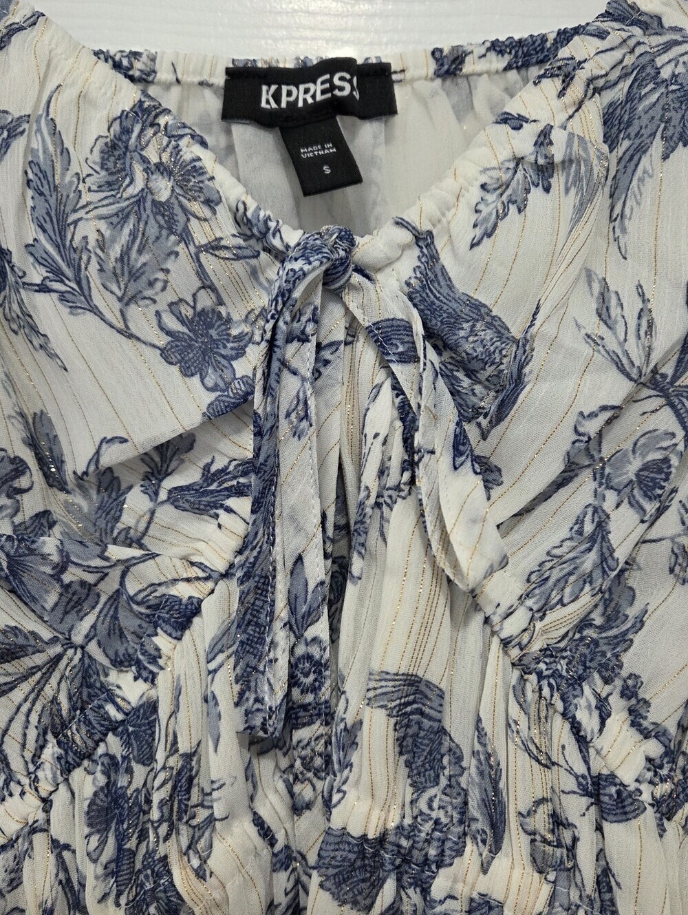 Express Boho Blue Floral Puff Long Sleeve Smocked Waist Peasant Top Size Small - Picture 4 of 9